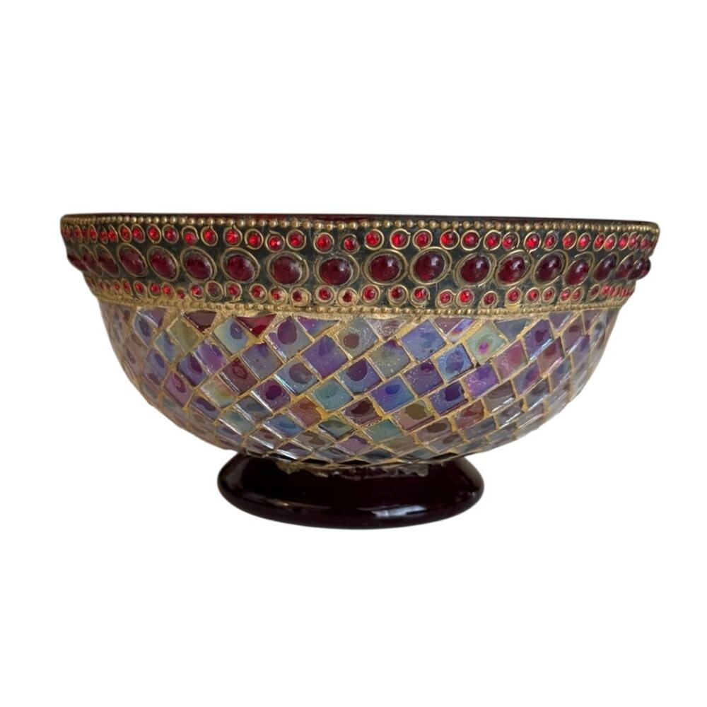 VTG Z Gallerie Ruby Mosaic Pedestal Bowl Iridescent Glass Jeweled Centerpiece